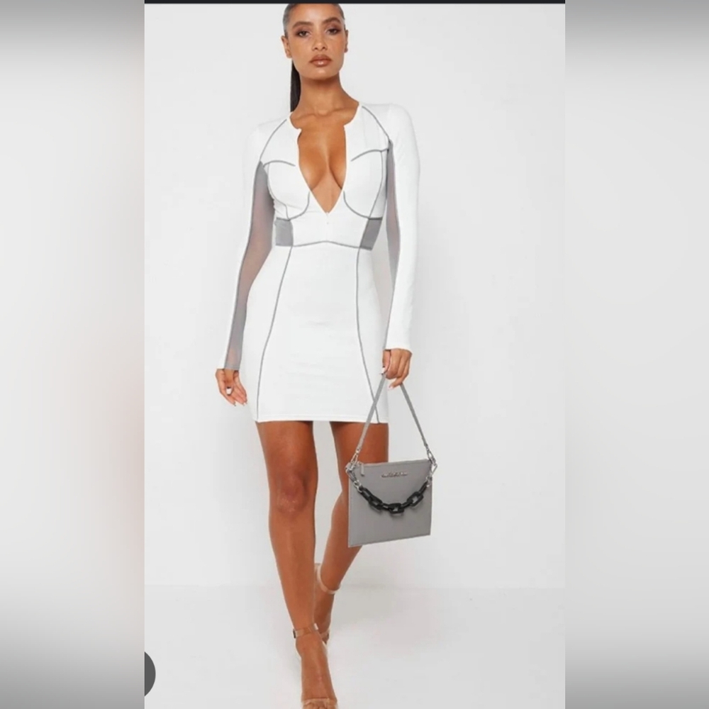 NWT Manière De Voir White and gray dress with mesh and zipper
